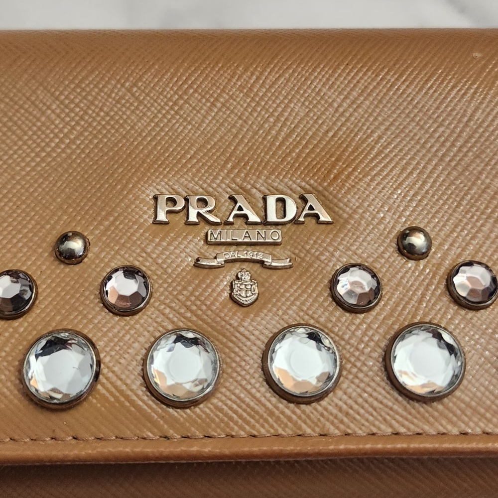 Authentic PRADA Saffiano Patent Leather Vernice Crystal Studded Flap Long Wallet - Picture 2 of 11
